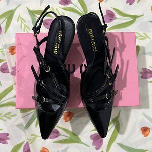 Miu Miu Black Patent Leather Cross-Strap Pointed Kitten Heels